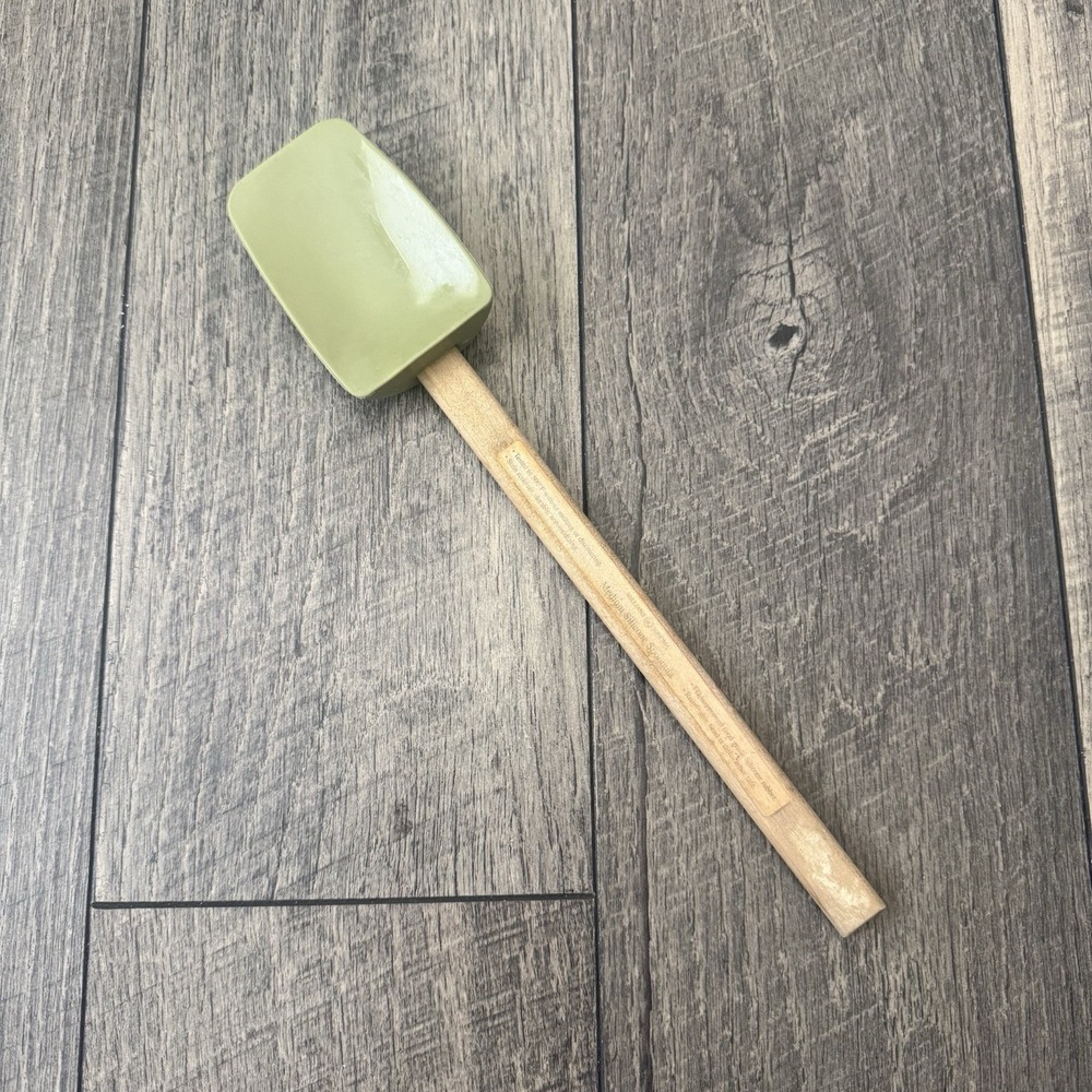 Vintage Williams Sonoma Silicon Cooking Spoonula Avocado Green w/Wood Handle 12"